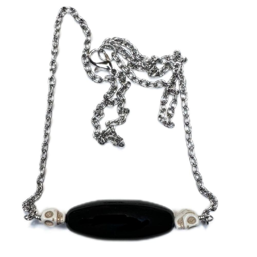 Skull Black bead necklace handmade 21 inches long